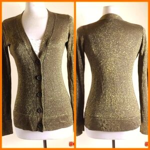 K Dash Kardashian green with gold metallic cardigan v neck BF sweater sz S